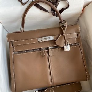 Hermes Kelly Lakis 32 Handmade Bag In Taupe Swift Calfskin
