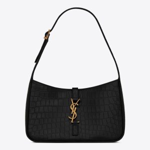 Saint Laurent Le 5 ¨¤ 7 Hobo Bag In Black Crocodile-embossed Leather